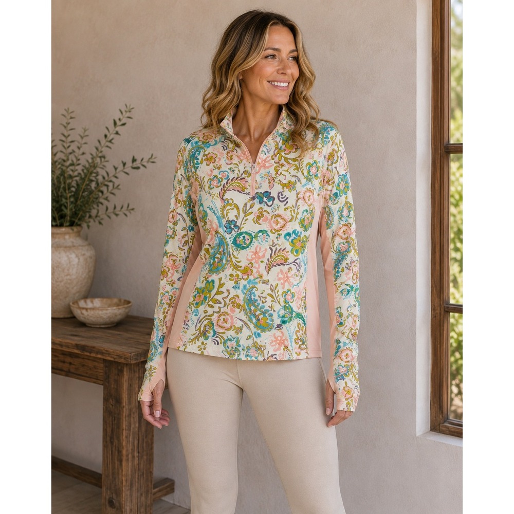Kastel Denmark Charlotte Sun Shirt Womens Medium Pink Paisley Floral 1/4 Zip UPF